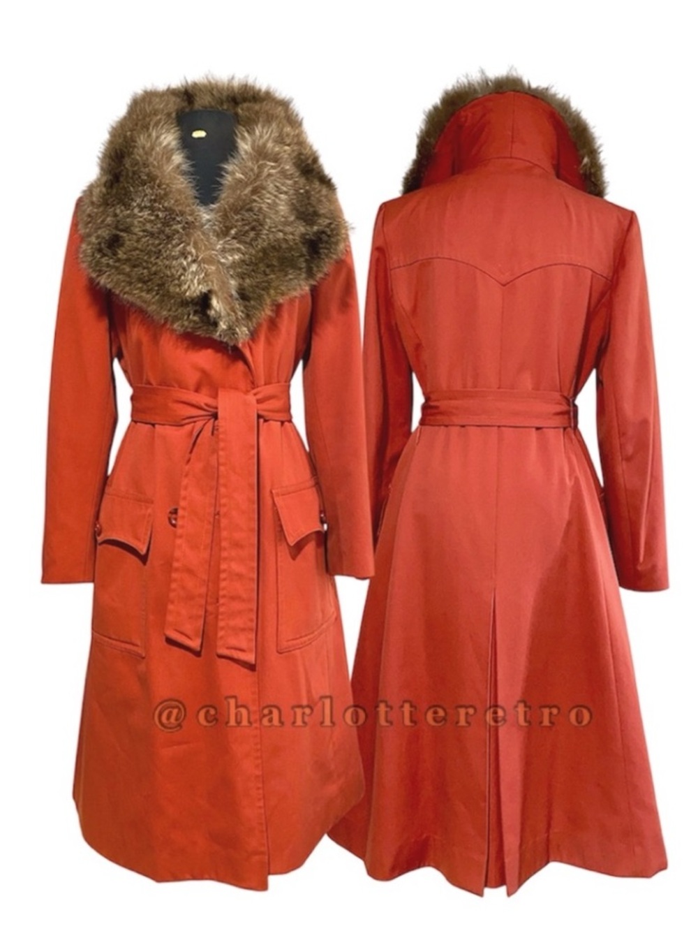 70s vtg Burnt Orange Trench w Fur Collar